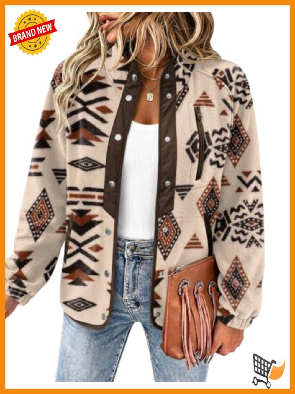 Fleece Snap Button Down Jacket Western Aztec Print Stand Collar Women